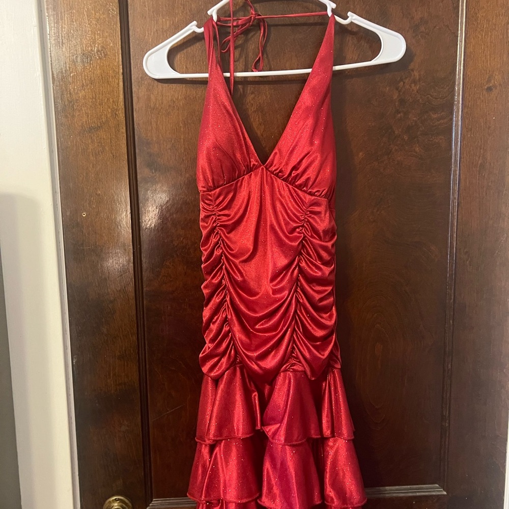 Homecoming Red Halter Neck Ruched Dress